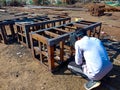 an indian labour welding on iron structure during indian railway bridge construction in india January 2020 Royalty Free Stock Photo