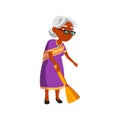 indian lady senior sweeping floor with broom cartoon vector