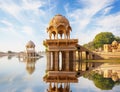 Indian landmarks - Gadi Sagar temple on Gadisar lake - Jaisalme