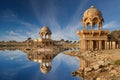 Gadi Sagar temple on Gadisar lake Jaisalmer, India. Royalty Free Stock Photo