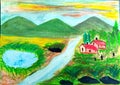 Indian landscape painting with houses ,pond and mountain range