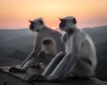 Indian Langur Monkeys Sitting at Sunset Royalty Free Stock Photo