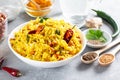 Indian lemon rice traditional south Indian food. Lemon rice.Chitranna or lemon rice, a traditional south Indian vegetarian Royalty Free Stock Photo