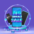 Indian Light Festival, Diwali Big Sale Concept with Smart Phones, Watch, Shopping Bags and Realistic Oil Lit Lamps on Blue