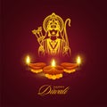 Indian Light Festival, Happy Diwali Festival with Golden Illustration of Hindu Mythological Lord Ram and Illuminated Realistic