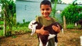 Indian little boy holding the small goat. Friendship of child and yeanling, image toned Royalty Free Stock Photo