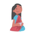 Indian Little Girl Wearing Sari with Bindi Sitting on the Floor with Bowl Having Meal Vector Illustration