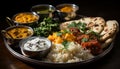 indian lunch or dinner main course food on thali generative AI