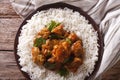 Indian Madras beef with basmati rice closeup. Horizontal top vie