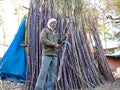 an indian man chopping sugarcane at street shop in india January 2020 Royalty Free Stock Photo