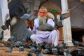 Indian man feeding pigeons near holy lake, Pushkar, India