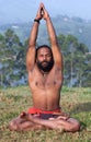 Indian man meditating in lotus yoga pose on green grass in Kerala, India Royalty Free Stock Photo