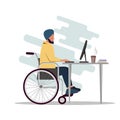 Indian man is sitting in a wheelchair and working at a computer. A disabled person works in an office