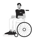 Indian man in wheelchair flat line black white vector character