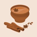 Top Side View Indian Masala Chai in Pottery Cup Vector Illustration