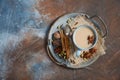 Indian masala chai tea. Spiced tea with milk on dark rusty background. Royalty Free Stock Photo