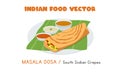 Indian Masala Dosa - South Indian Crepes flat vector illustration. Masala Dosa clipart cartoon style. Asian food. Indian cuisine