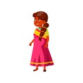 indian mature age woman walking on flower field cartoon vector