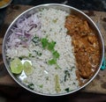 Indian meals jeera rice chicken curry onion lemons tasty recipe