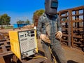 an indian mechanic holded welding machine handle during the industrial work on site in India January 2020 Royalty Free Stock Photo