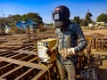 an indian mechanic making iron structure during railway bridge construction on site in India January 2020 Royalty Free Stock Photo