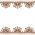 Indian, Mehndi Henna brown line lace border element with flowers pattern card for tattoo on white background