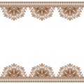 Indian, Mehndi Henna brown line lace border element with flowers pattern card for tattoo on white background