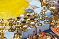 Indian metal souvenirs in the local market, Puttaparthi, India