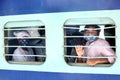 Indian migrant laborers sitting in the train ready to leave the city due to covid-19 pandemic.