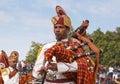 Indian military bagpipers band playing bagpipe during Camel festival in Rajasthan state, India