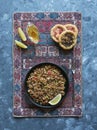 Indian minced meat Qeema on a dark background.