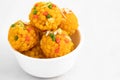 Indian Mithai Jodhpuri Ladoo Also Called Boondi Or Bundi Ladoo Made Of Gram Flour Besan Desi Ghee In White Bowl.Laddoo Is Served