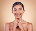 Indian model woman, studio and skincare for makeup, beauty treatment and happy for healthy cosmetics by background. Gen Royalty Free Stock Photo