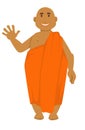 Indian monk in orange robe bald man waving hand