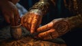 Indian Mother Paints Hand and Arms of Daughter with Mehndi, or Henna - Generative AI