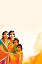 indian mother smiling, with three children wearing traditional clothing, watercolor illustration