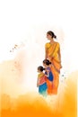 indian mother smiling, with two children wearing traditional clothing, watercolor illustration