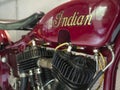 Indian motorcycle up close of engine and fuel tank