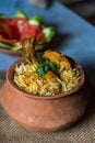 Indian mughlai delicacy chicken biryani in an earthen pot ready to be served . Royalty Free Stock Photo