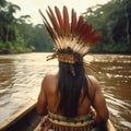 An Indian in a national feather headdress is sailing on a canoe on the Amazon River, close-up,