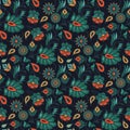 Indian National paisley ornament for cotton, linen fabrics. Tribal flowers seamless pattern