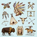 Indian or native american. buffalo, axes and tent, arrows and bow, skull, Dreamcatcher and cherokee, tomahawk. set of Royalty Free Stock Photo