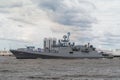 The Indian Navy frigate Tabar passes near Kronstadt during the naval parade on July 25, 2021