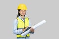 Female Asian Construction Engineer with chartboard and notebook gives expressions, gestures