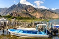 Indian Nose National Park & boats at San Juan la Laguna dock, Lake Atitlan, Guatemala