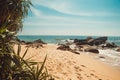 Indian Ocean Coast with stones and pandanus trees. Tropical vacation, holiday background. Deserted with footprints beach. Paradise Royalty Free Stock Photo