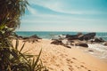 Indian Ocean Coast with stones and pandanus trees. Tropical vacation, holiday background. Deserted with footprints beach. Paradise