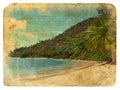 Indian Ocean landscape, Seychelles. Old postcard. Royalty Free Stock Photo