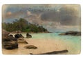 Indian Ocean landscape, Seychelles. Old postcard. Royalty Free Stock Photo