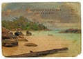 Indian Ocean landscape, Seychelles. Old postcard. Royalty Free Stock Photo